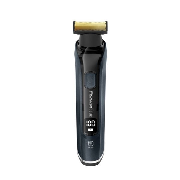 Aparat de tuns, conturat si barbierit Rowenta Forever Sharp Ultimate TN6204E0, lame din inox, invelis din titan, 8000 rpm, autonomie de pana la 120 minute, negru & albastru