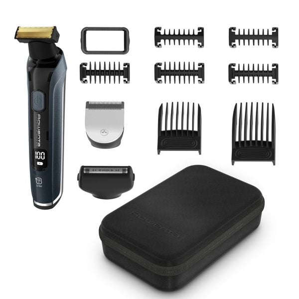 Aparat de tuns, conturat si barbierit Rowenta Forever Sharp Ultimate TN6204E0, lame din inox, invelis din titan, 8000 rpm, autonomie de pana la 120 minute, negru & albastru