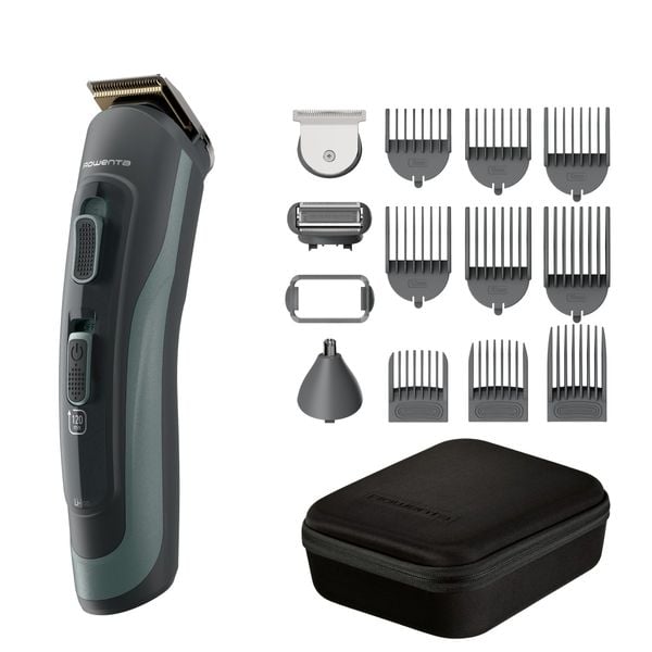 Aparat de tuns multifunctional Rowenta Selectium 15 in 1 TN9444E0, 6500 rpm, autonomie pana la 120 min, lame din inox cu invelis din titan, Wet & Dry, incarcare USB, negru & verde