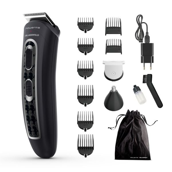 Aparat de tuns multifunctional Rowenta x Karl Lagerfeld Trim & Style 12 in 1 TN911LF0, Tehnologia Wet & Dry, autonomie pana la 120 minute 