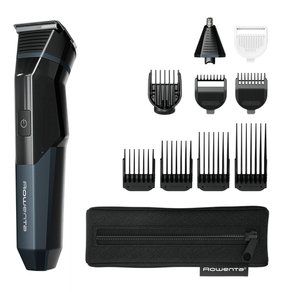 Aparat de tuns multifunctional Rowenta X Series 700 11 in 1 TN9610E0, 7500 RPM, autonomie 270 minute, lame din inox, 7 piepteni, tehnologie Wet & Dry, incarcare rapida, geanta pentru depozitare, negru & verde