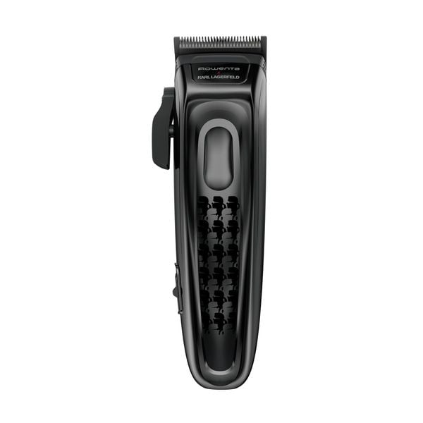 Aparat de tuns Rowenta x Karl Lagerfeld Barber Experience TN155LE0, 6500 rpm, autonomie 150 min, 6 piepteni ficsi, 6 piepteni fade, lame inox, indicator LED, baza de incarcare, negru & gri