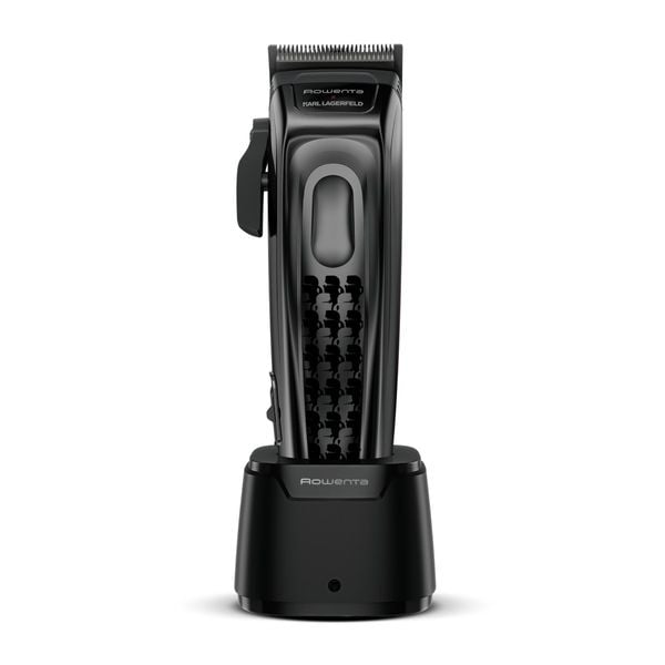 Aparat de tuns Rowenta x Karl Lagerfeld Barber Experience TN155LE0, 6500 rpm, autonomie 150 min, 6 piepteni ficsi, 6 piepteni fade, lame inox, indicator LED, baza de incarcare, negru & gri