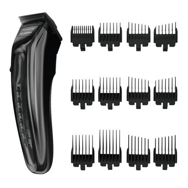 Aparat de tuns Rowenta x Karl Lagerfeld Barber Experience TN155LE0, 6500 rpm, autonomie 150 min, 6 piepteni ficsi, 6 piepteni fade, lame inox, indicator LED, baza de incarcare, negru & gri