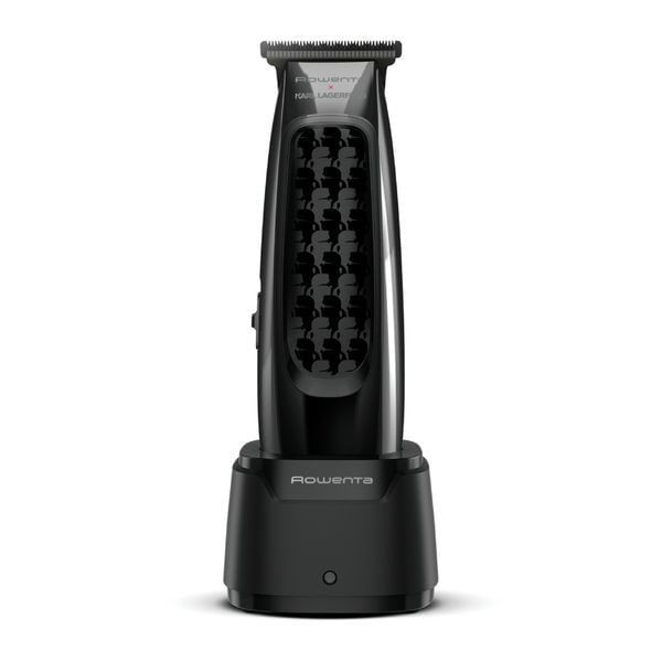 Aparat de tuns Rowenta x Karl Lagerfeld Barber Experience TN185LE0, 6500 rpm, autonomie 90 min, 5 piepteni ficsi, lame inox, baza de incarcare, indicator LED, negru & gri