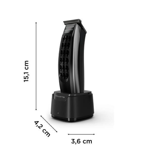 Aparat de tuns Rowenta x Karl Lagerfeld Barber Experience TN185LE0, 6500 rpm, autonomie 90 min, 5 piepteni ficsi, lame inox, baza de incarcare, indicator LED, negru & gri
