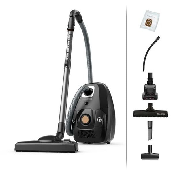 Aspirator cu sac Rowenta Green Force Effitech Total Clean RO6189EA, 400W, 3 niveluri de filtrare, lungime cablu 8.4m, recipient praf 4.5L, perie EasyBrush, indicator umplere sac, Negru