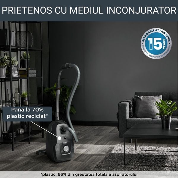 Aspirator cu sac Rowenta Green Force Max Silence RO6136EA, 750 W, 70% plastic reciclat, 3 niveluri de filtrare, sac Hygiene+, Negru/argintiu&nbsp;