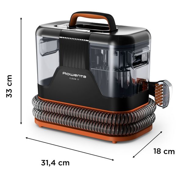 Aspirator cu spalare Rowenta Clean IT IN5011F0, 400W, rezervor apa & detergent 1.8L, rezervor apa murdara 1.5L, functie autocuratare, accesoriu spatii inguste, detergent inclus, portocaliu & negru