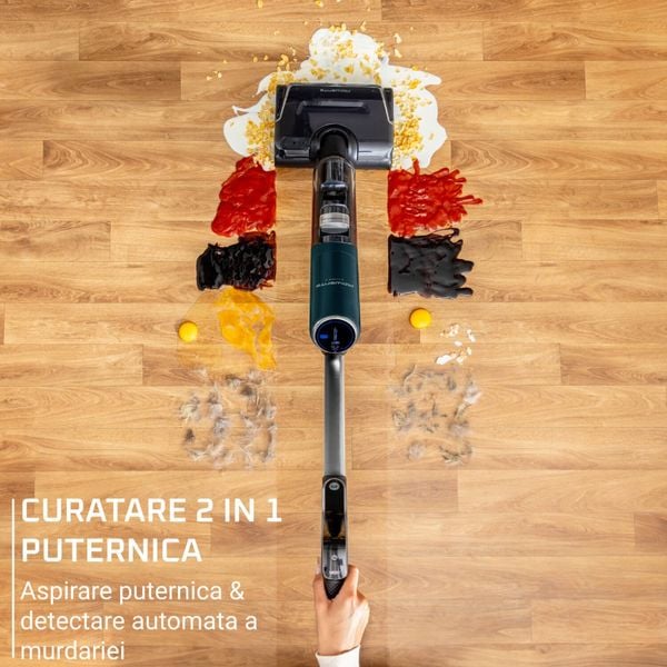 Aspirator cu spalare Rowenta X-Clean 7 GZ5735E0, 250 W, 530 RPM, pana la 50 min autonomie, ecran LED, functie uscare & autocuratare, baza de incarcare, verde & gri