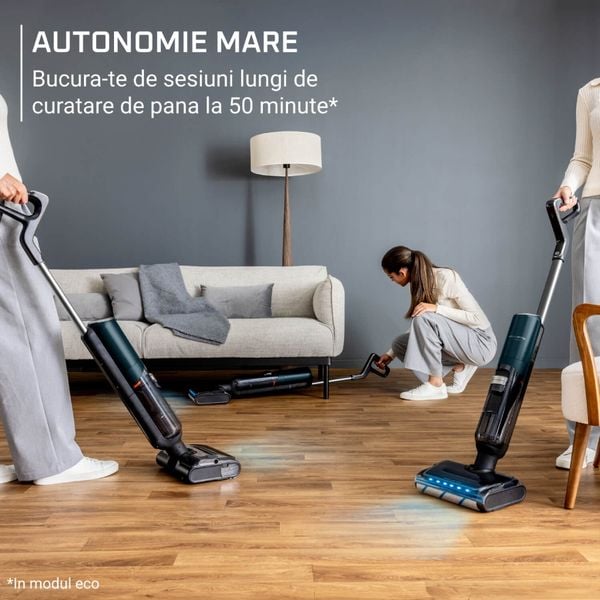 Aspirator cu spalare Rowenta X-Clean 7 GZ5735E0, 250 W, 530 RPM, pana la 50 min autonomie, ecran LED, functie uscare & autocuratare, baza de incarcare, verde & gri