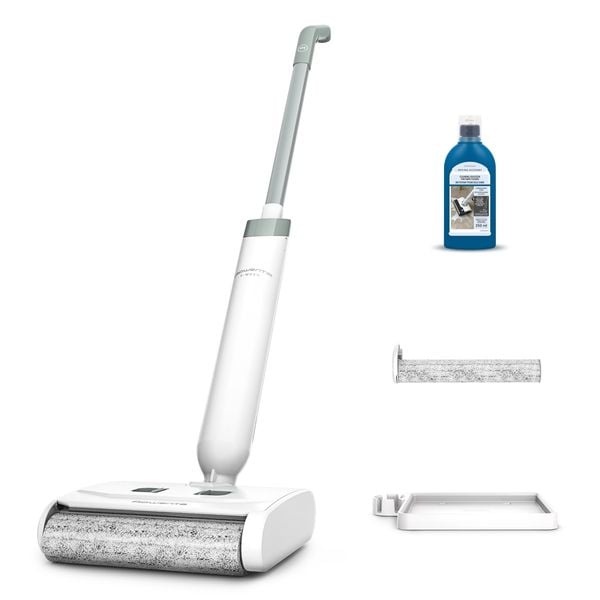 Aspirator cu spalare Rowenta X-Wash GZ1032E0, 470 RPM, pana la 40 min autonomie, aspirare umeda si uscata, 2 moduri, design flexibil 180&deg;, rola motorizata din microfibra, compatibil cu detergent, rola suplimentara si detergent incluse, alb & verde