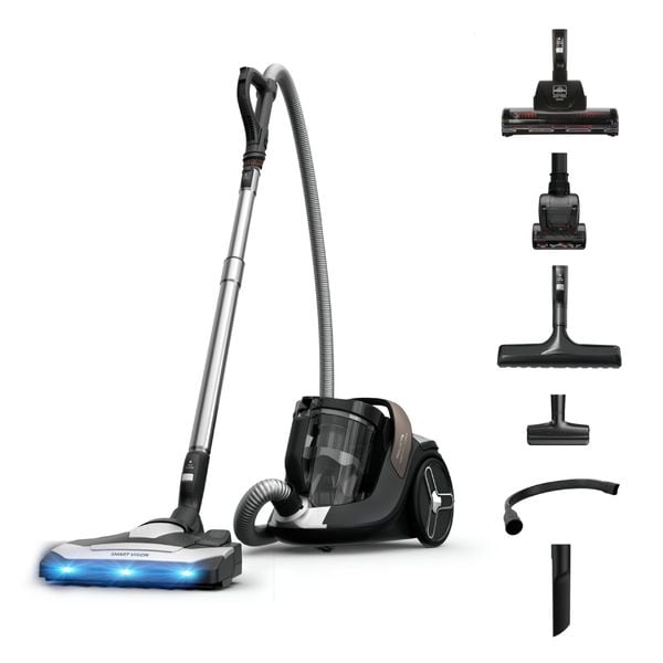 Aspirator fara sac Rowenta Silence Force Cyclonic 8 RO7C89E0, 900 W, recipient praf 2.5 L, 66 dB, raza de actiune 9 m, filtrare HEPA 99.98%, perie PowerGlide Vision cu LED, Maxi Turbo Brush, Mini Turbobrush, negru & maro