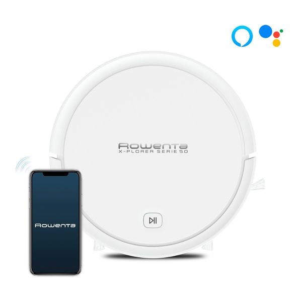 Aspirator robot Rowenta X-Plorer Serie 50 RR7387WH, 33W, recipient 0.4L, 3 functii de curatare, Wi-Fi, sistem Aqua Force, alb