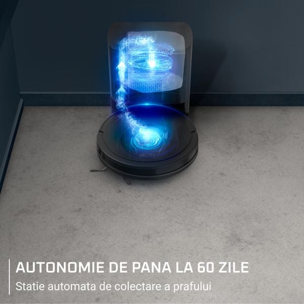 Aspirator robot Rowenta X-Plorer Serie 85+ RR87D5WH, aspira si spala, putere de aspirare 6000 Pa, autonomie 270 minute, 4 trepte de putere, statie de incarcare si golire praf, sistem Smart Aqua Power, negru
