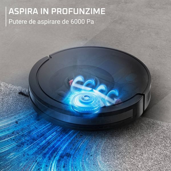 Aspirator robot Rowenta X-Plorer Serie 85+ RR87D5WH, aspira si spala, putere de aspirare 6000 Pa, autonomie 270 minute, 4 trepte de putere, statie de incarcare si golire praf, sistem Smart Aqua Power, negru