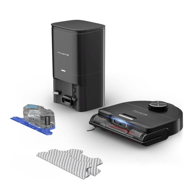 Aspirator robot Rowenta X-Plorer Serie 220+ RR9485WH, aspirator si mop, autonomie 120 min, recipient praf 0.35L, statie de incarcare si golire praf, mop Smart Aqua Power, negru