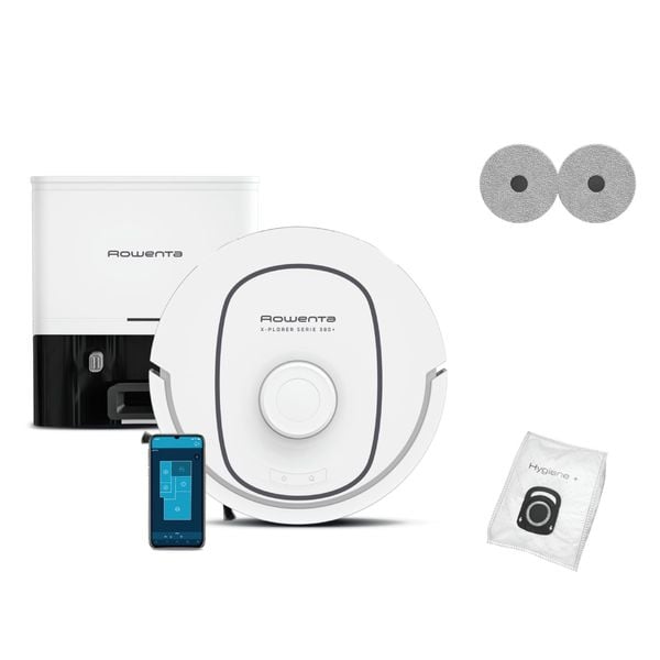 Aspirator robot Rowenta X-Plorer Serie 380+ RR89U7E0, putere 8.000 Pa, 120 minute, 4 trepte putere, management harti, statie de incarcare cu golire automata, recipient praf 0.22 L, laser LiDAR 360&deg;, perie anti-incalcire, Wi-Fi, alb