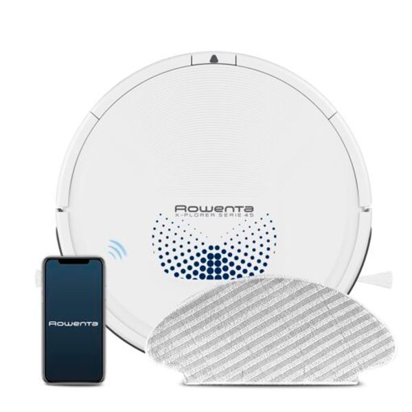 Aspirator robot Rowenta X-Plorer Serie 45 RR8277WH, 33W, 0.44L, Senzori infrarosu, 3 senzori de cadere, Mop incorporat, Autonomie 150 min, Aplicatie dedicata smartphone, alb