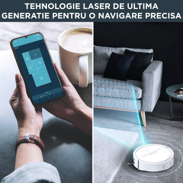 Aspirator robot Rowenta X-Plorer Serie 120 RR7877WH, 33W, autonomie 120min, 3 niveluri de putere, tehnologie laser, cameră pentru navigare, mapare permanentă, 2700 PA, sistem Aqua Force, alb