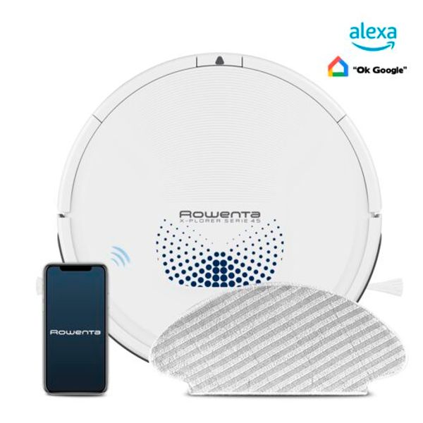 Aspirator robot Rowenta X-Plorer Serie 45 RR8277WH, 33W, 0.44L, Senzori infrarosu, 3 senzori de cadere, Mop incorporat, Autonomie 150 min, Aplicatie dedicata smartphone, alb