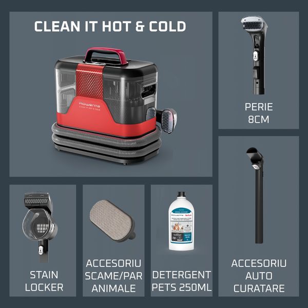 Aspirator tapiterie Rowenta Clean IT Hot & Cold IN7020F0, 1150 W, putere aspirare 13 kpa, rezervor apa & detergent 2.3 L, rezervor apa murdara 1.5 L, tehnologie PowerHeat, functie autocuratare, perie 8 cm, detergent inclus, rosu & gri