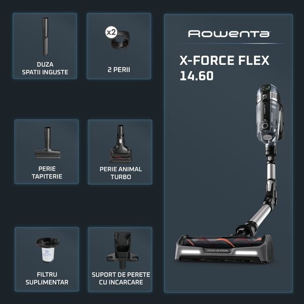 Aspirator vertical Rowenta X-Force Flex 14.60 RH9958WA, 200 AW, Smart Control Display, Functie Boost, autonomie 1 ora 10 minute, Negru/gri 