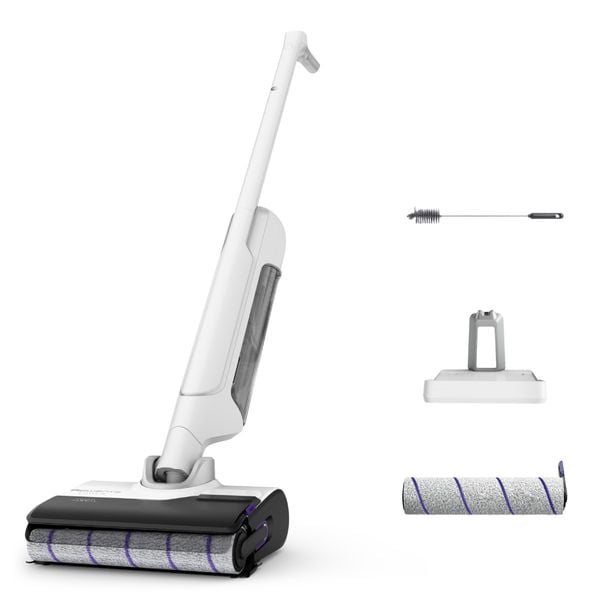 Aspirator cu spalare Rowenta X-Clean 10 GZ7540WO, 200W, 550 RPM, pana la 60 min autonomie, ecran LED, functie uscare & autocuratare, baza de incarcare, nivel scazut de zgomot, alb & argintiu