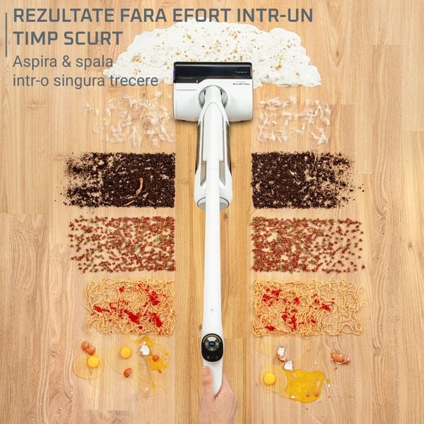 Aspirator cu spalare Rowenta X-Clean 10 GZ7540WO, 200W, 550 RPM, pana la 60 min autonomie, ecran LED, functie uscare & autocuratare, baza de incarcare, nivel scazut de zgomot, alb & argintiu