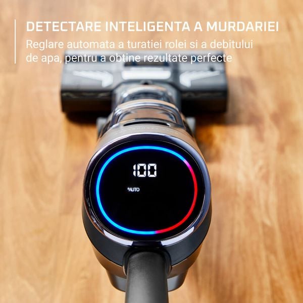 Aspirator cu spalare Rowenta X-Clean 4 GZ5037WO, 200W, 425 RPM, pana la 50 min autonomie, ecran LED, functie autocuratare, baza de incarcare, nivel scazut de zgomot, gri & negru