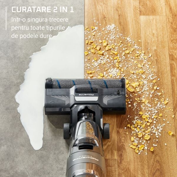 Aspirator cu spalare Rowenta X-Clean 4 GZ5037WO, 200W, 425 RPM, pana la 50 min autonomie, ecran LED, functie autocuratare, baza de incarcare, nivel scazut de zgomot, gri & negru