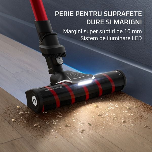 Aspirator vertical Rowenta X-Force Flex 9.60 Complete RH2099WO, 250W, 45 minute autonomie, 3 trepte de putere, perie covoare si podele dure cu LED, perie Animal Turbo, statie de incarcare, negru & rosu