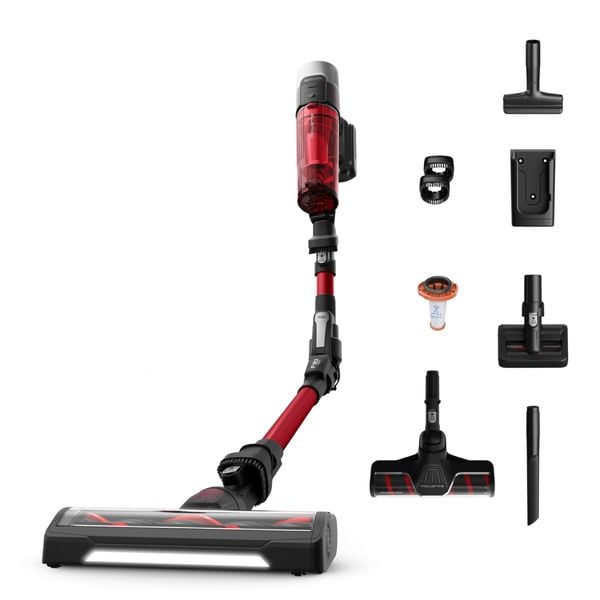 Aspirator vertical Rowenta X-Force Flex 9.60 Complete RH2099WO, 250W, 45 minute autonomie, 3 trepte de putere, perie covoare si podele dure cu LED, perie Animal Turbo, statie de incarcare, negru & rosu