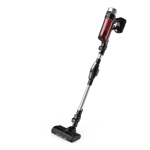 Aspirator vertical fara fir Rowenta X-Force Flex 9.60 Animal Care RH2077WO, 250W, 18.5V, autonomie 45 min, filtrare 99.9%, recipient praf 0.44 L, tub flexibil, perie cu iluminare LED, panou SmartControl, suport de perete cu incarcare, rosu & negru