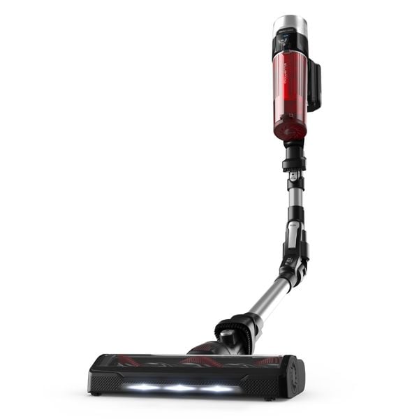 Aspirator vertical fara fir Rowenta X-Force Flex 9.60 Animal Care RH2077WO, 250W, 18.5V, autonomie 45 min, filtrare 99.9%, recipient praf 0.44 L, tub flexibil, perie cu iluminare LED, panou SmartControl, suport de perete cu incarcare, rosu & negru