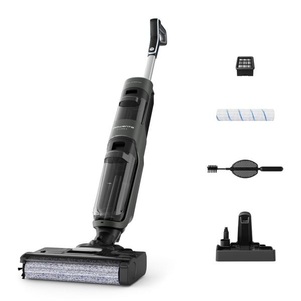 Aspirator cu spalare Rowenta X-Clean 4 GZ5037WO, 200W, 425 RPM, pana la 50 min autonomie, ecran LED, functie autocuratare, baza de incarcare, nivel scazut de zgomot, gri & negru