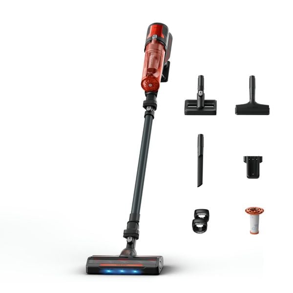 Aspirator vertical fara fir Rowenta X-Force 8.80 Animal RH1871E0, 250 W, 100 air watts, autonomie de pana la 45 minute, iluminare LED, sistem Digital Control, greutate redusa, filtrare pana la 99%, rosu & negru