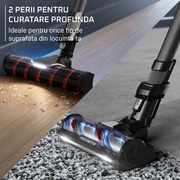 Aspirator vertical fără fir Rowenta X-Force Flex 12.60 Neo Complete RH9L55E0, 380 W, 150 air watts, autonomie de până la 60 min, recipient praf 0.65L, iluminare LED, tub Flex, funcție Boost, negru & gri