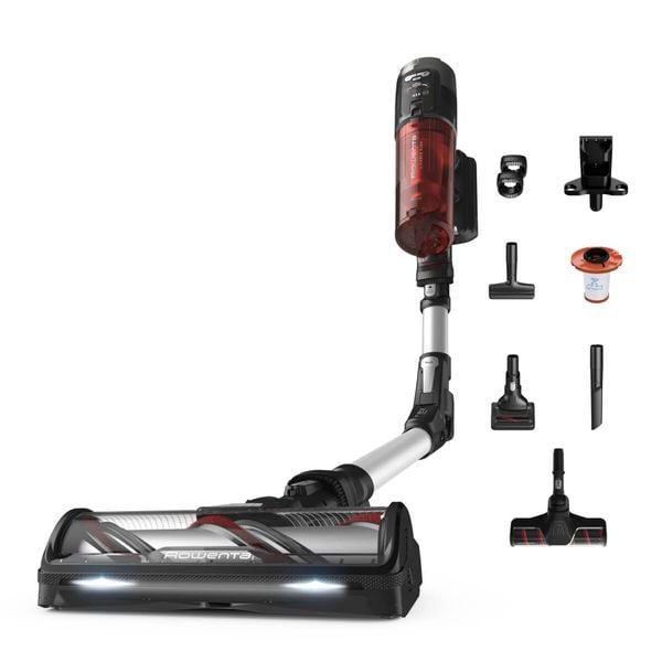 Aspirator vertical fără fir Rowenta X-Force Flex 13.60 Complete Animal RH9A93E0, 380 W, 150 air watts, iluminare LED, tub flex, funcție boost, capacitate recipient praf 0.65L, roșu & argintiu