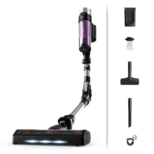 Aspirator vertical fara fir Rowenta X-Force Flex 9.60 Allergy RH2037WO, 250 W, 100 Air Watts, autonomie pana la 45 min, recipient praf 0.44 L, tehnologie Flex, Smart Control Display, perie LED, negru & albastru