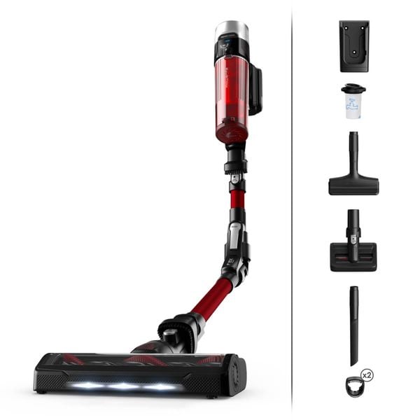 Aspirator vertical fara fir Rowenta X-Force Flex 9.60 Animal Care RH2079WO, 250W, putere de aspirare 100 air watts, autonomie 45 min, 3 trepte de putere, capacitate recipient praf 0.44L, tub flexibil, perie cu iluminare LED, rosu & negru