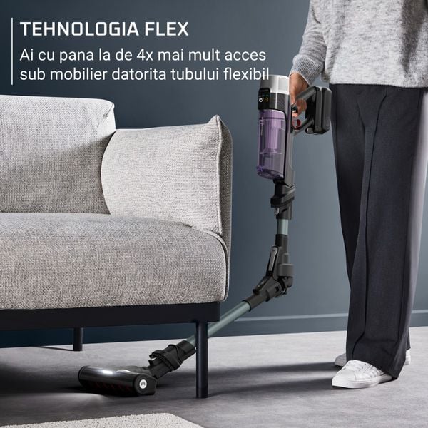 Aspirator vertical Rowenta X-Force Flex 9.60 Allergy RH2048WO, 250W, 45 minute autonomie, 3 trepte de putere, iluminare LED, functie Boost, statie de incarcare, negru & violet