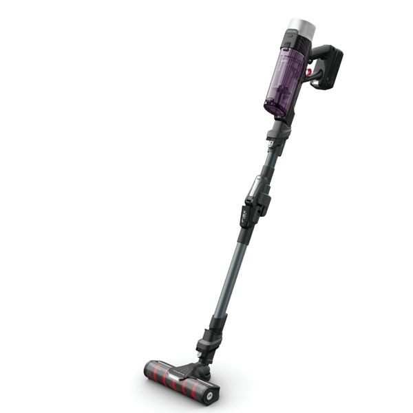 Aspirator vertical Rowenta X-Force Flex 9.60 Allergy RH2048WO, 250W, 45 minute autonomie, 3 trepte de putere, iluminare LED, functie Boost, statie de incarcare, negru & violet