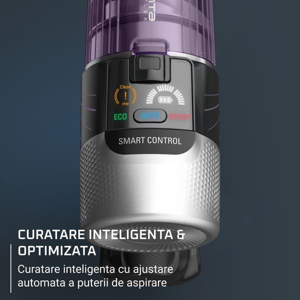 Aspirator vertical Rowenta X-Force Flex 9.60 Allergy RH2048WO, 250W, 45 minute autonomie, 3 trepte de putere, iluminare LED, functie Boost, statie de incarcare, negru & violet