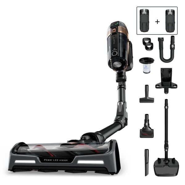 Aspirator vertical fara fir Rowenta X-Force Flex 15.60 Animal RH99F3WO, 550W, 2 baterii cu autonomie de cate 80 min, Tehnologie flex, display control, accesorii animal care, stație încărcare, recipient praf 0.9L, negru&maro