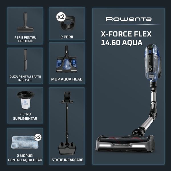 Aspirator vertical Rowenta X-Force Flex 14.6 Aqua RH99C3WO, 480 W, 200 AW, autonomie 70 minute, functie Boost, tub flexibil, iluminare LED, ajustare automata a puterii, sistem Aqua, gri & albastru