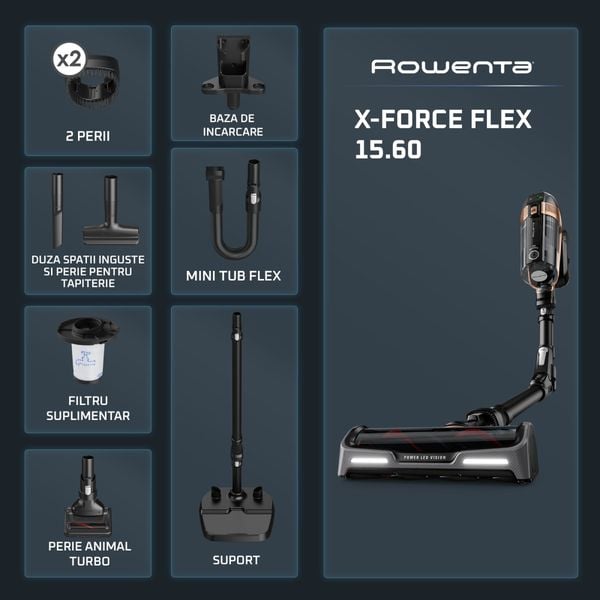 Aspirator vertical Rowenta X-Force Flex 15.60 RH99F1WO, 520W, Tehnologie flex, display control, accesorii animal care, stație încărcare, recipient praf 0.9L, autonomie max 1h și 20min, negru&maro