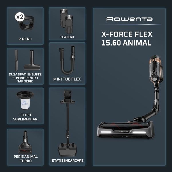 Aspirator vertical fara fir Rowenta X-Force Flex 15.60 Animal RH99F3WO, 550W, 2 baterii cu autonomie de cate 80 min, Tehnologie flex, display control, accesorii animal care, stație încărcare, recipient praf 0.9L, negru&maro
