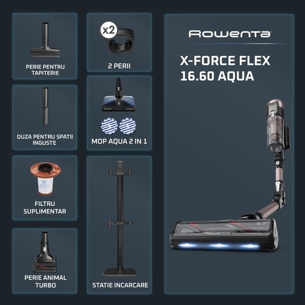 Aspirator vertical Rowenta X-Force Flex 16.60 Aqua RH9CD9E0, 780W, autonomie 120 min, tehnologie flex, display control, accesorii animal care, statie incarcare, recipient praf 0.65L, perie cu LED, roz&negru 