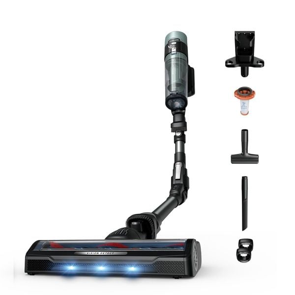 Aspirator vertical Rowenta X-Force Flex 10.80 RH7A35E0, 300 W, 18.5V, autonomie 60 minute, recipient 0.44 L, tehnologie flex, perie cu LED, panou digital SmartControl, filtrare 99.9%, verde & negru